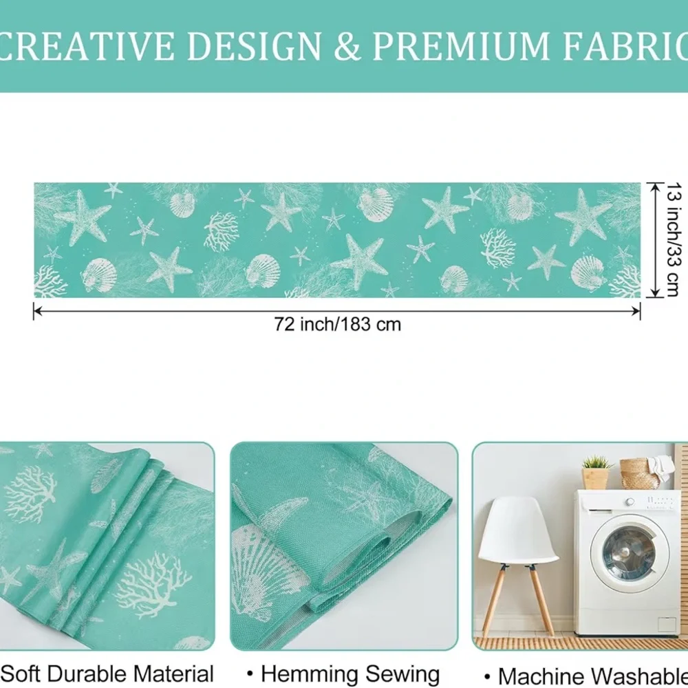 Bonhause Turquoise Coastal Ocean Table Runner 13x72 Inch Teal Blue Beach